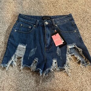 PRETTYLITTLETHING Dark Blue Distressed Denim Shorts